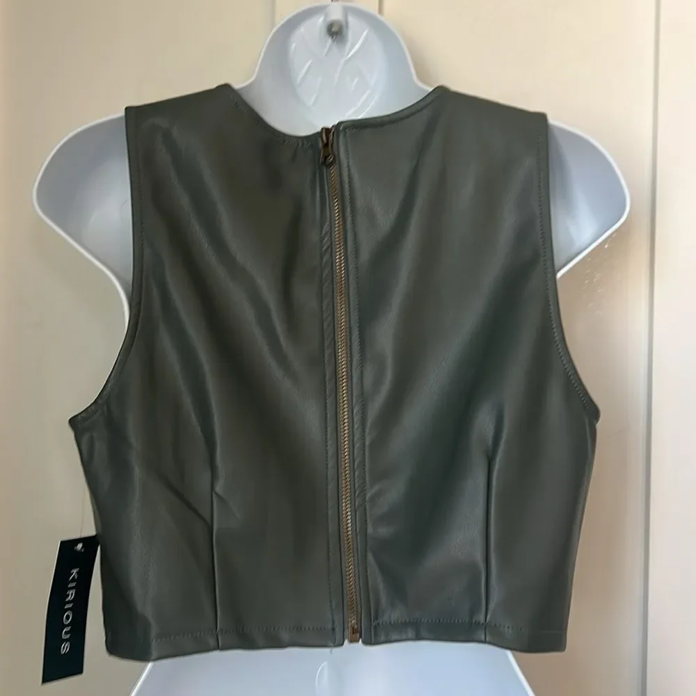 NWT KIRIOUS Women’s Green Sleeveless Crop Faux Leather Tank Top Sz L